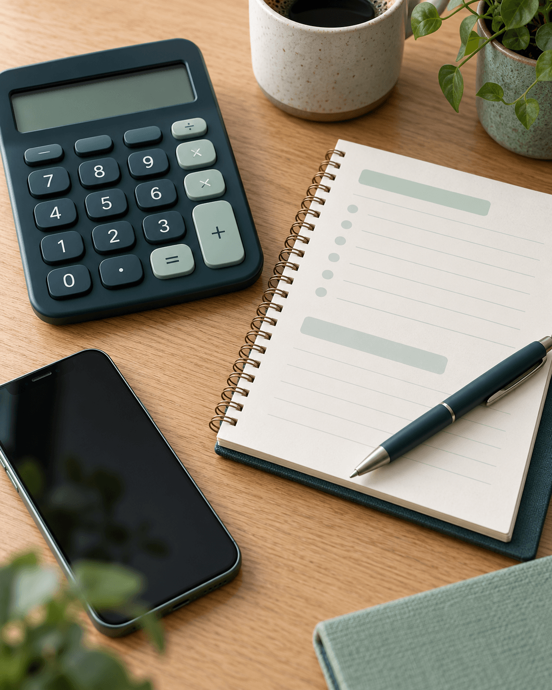 Calculator en notitieboek voor budgetoverzicht