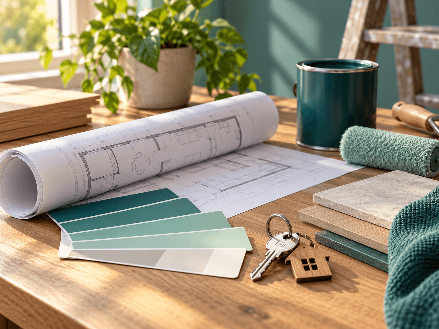Renovatieplan met materialen en huissleutels