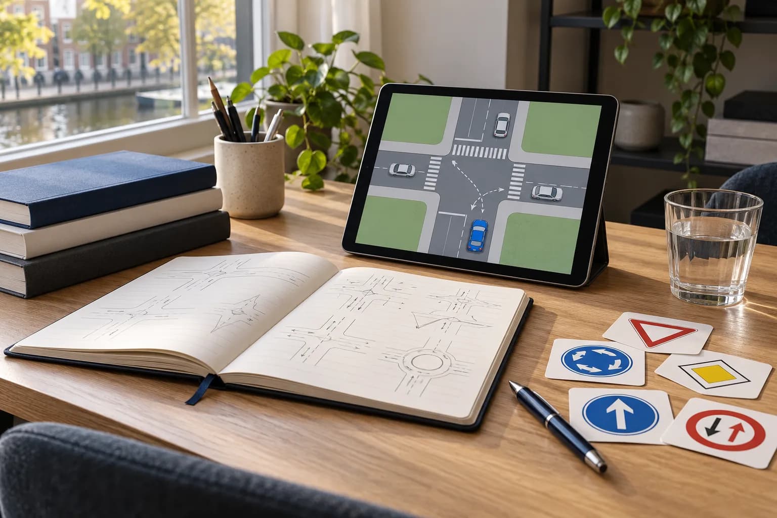 Illustratief beeld van studiemateriaal met verkeerssituaties
