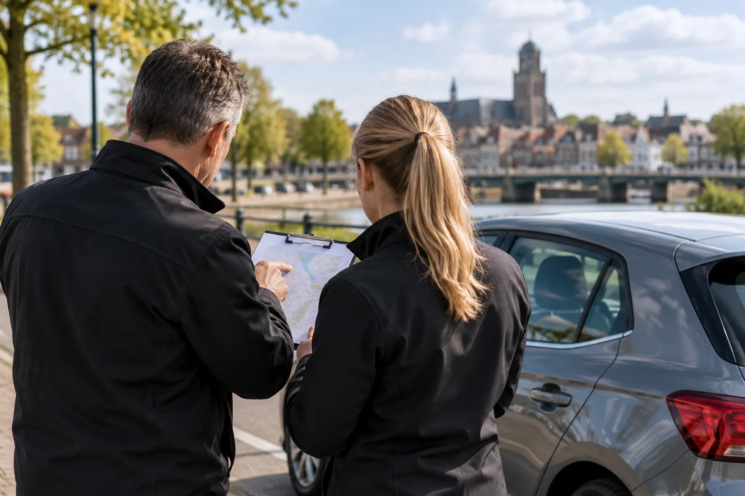 Illustratief beeld van instructeurs die een route bespreken bij een lesauto